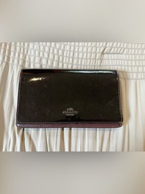 Coach Burgundy Purple Shiny Leather Foldover Wallet Crossbody No Strap